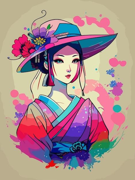 Digitales vektorkunstporträt einer japanischen geisha-frau mit traditioneller illustration