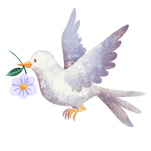Digitales Zeichnen einer weißen Taube fliegt ein Vogel des Weltfriedens mit einer Blume im Schnabel