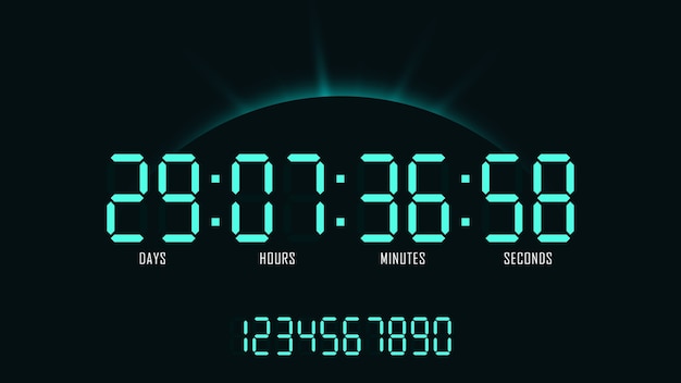 Digitaluhr mit countdown auf sonnenaufganghintergrund. layout von nummern für website-design und werbung.