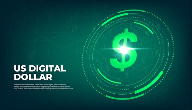 Digitalwährung usa-dollarzeichen us digital dollar futuristisches digitales geld auf grünem abstraktem technologiehintergrundvektor