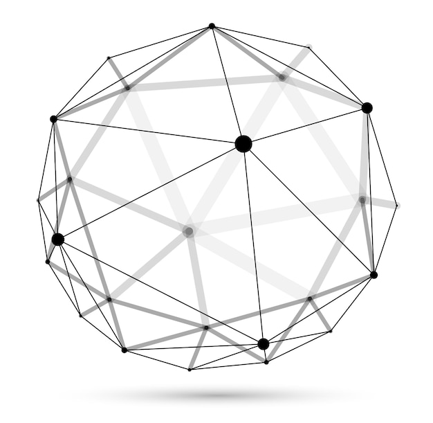 Dimensionale Gitterkugel-Vektorabstraktion, polygonale 3D-Design-abstrakte Form isoliert über Weiß, wissenschaftliche digitale dynamische Verbindungen mit Linien und Punkten mit Perspektive.