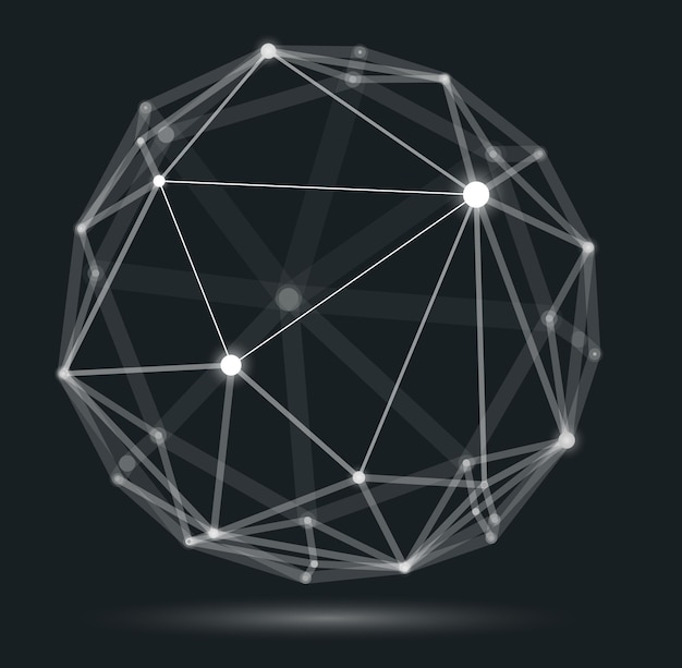 Dimensionale Gittermaschen-Vektorabstraktion, 3D-Polygondesign, abstrakte Kugel, dynamische Verbindungen im digitalen Stil von Technik und Wissenschaft mit Linien und Punkten, mit realistischem Tiefenschärfeeffekt.