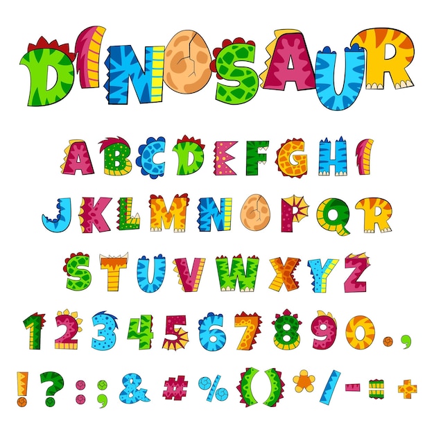 Dino-alphabet schriftelemente kreative buchstaben und zahlen im dinosaurier-stil bunte kinder abc lustige kindische dekorative komische grelle vektortexte