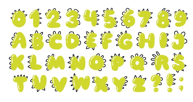 Dino-alphabet und zahlen. lustige comic-schriftart im stil eines einfachen handgezeichneten cartoons mit mähnen von dinosauriern, drachen oder monstern. grüne, isolierte kritzeleien auf weißem hintergrund