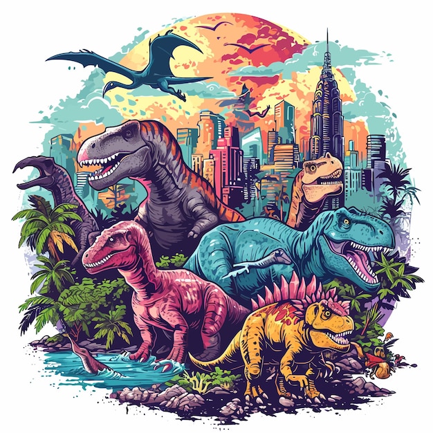 Vektor dino_city_dinosaurs_funky_t_shirt_design