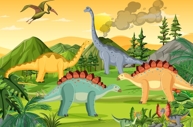 Vektor dinosaurier in der prähistorischen waldszene