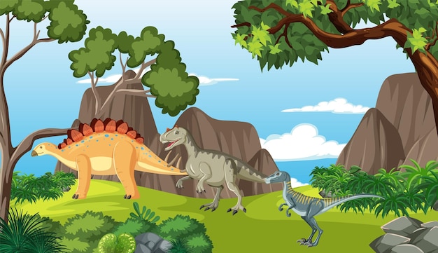 Dinosaurier in der prähistorischen Waldszene