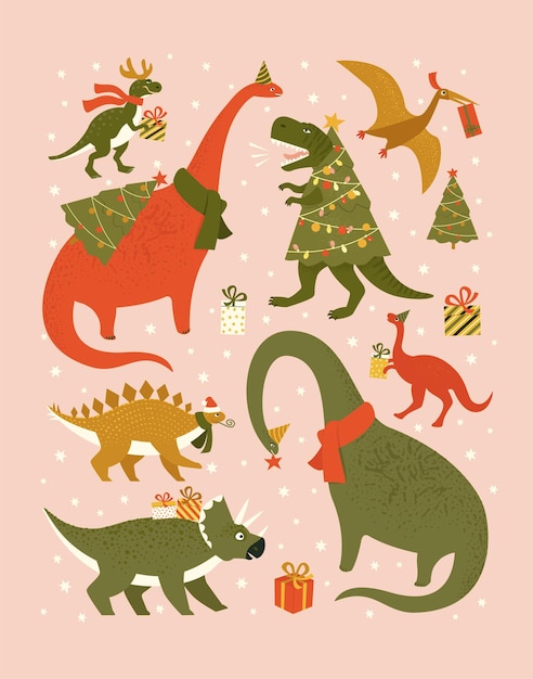 Dinosaurier in der weihnachtsmütze schmücken weihnachtsbaumgirlandenlichter
