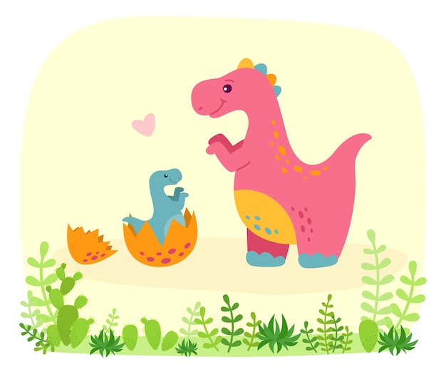 Dinosaurier mit baby dino, karikaturstil. lustiger tyrannosaurus rex mit pflanzen und kakteen. bunte niedliche lustige kinderillustration
