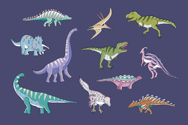 Vektor dinosaurier mit blumen, vektor-doodle-illustrationsset