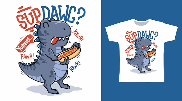 Vektor dinosaurier mit hotdog-t-shirt-kunst-mode-designs