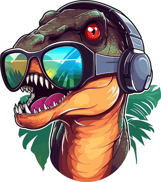 Dinosaurier mit Kopfhörer und Sonnenbrille, grafische Vektorillustration