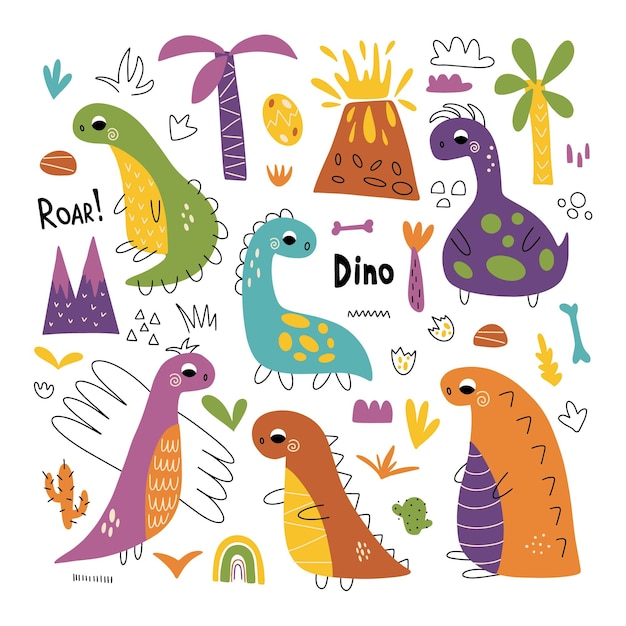 Dinosaurier-set in leuchtenden farben farbenfrohe, niedliche vektorillustration, perfekt für kinderzimmerdekoration, partydekoration, poster und textilien