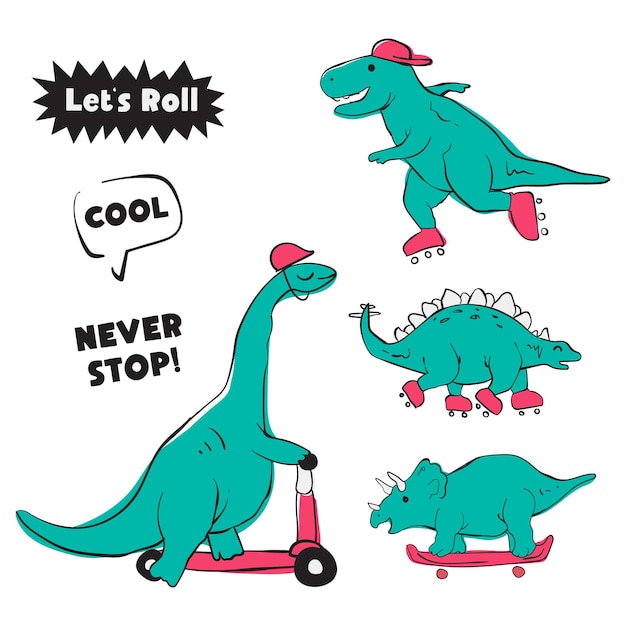 Vektor dinosaurier skates set illustration scooter otoped fun and hype skatepark