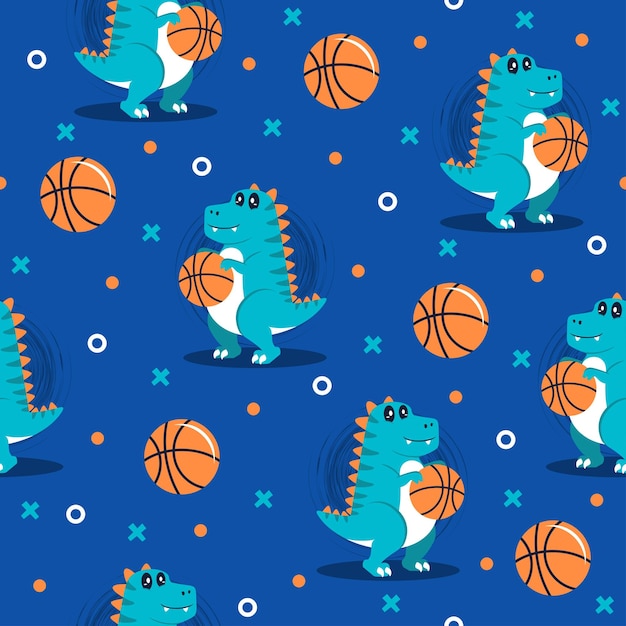Dinosaurier spielen Basketball Cartoon trendige Muster Hintergrundkonzepte.