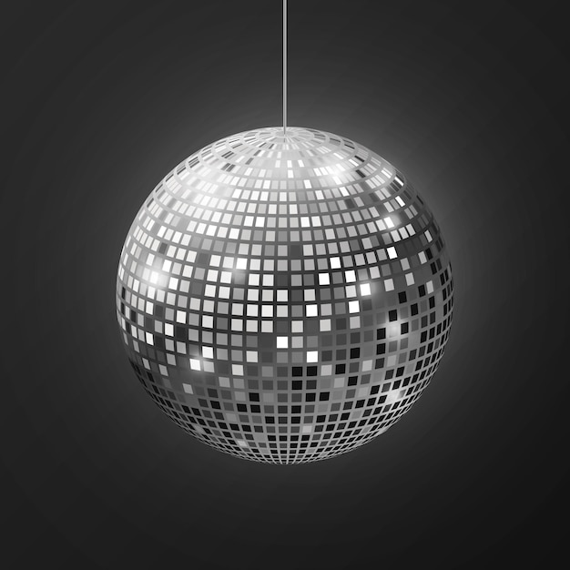 Disco-kugel-spiegel sphäre laibung reflexion disco-musik-party silberglitter realistisches feierelement retro-halo-strahlen glänzende spiegelkugel vektor isoliert auf schwarzem hintergrundobjekt