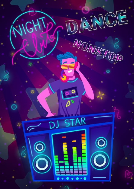 Disco party dj banner set club night template hintergrundmusik nachtleben event design cartoon style