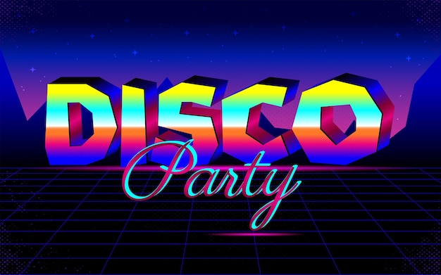 Vektor disco-party-helles vektor-emblem, buntes großbuchstaben-schriftart-design der 80er und 90er jahre