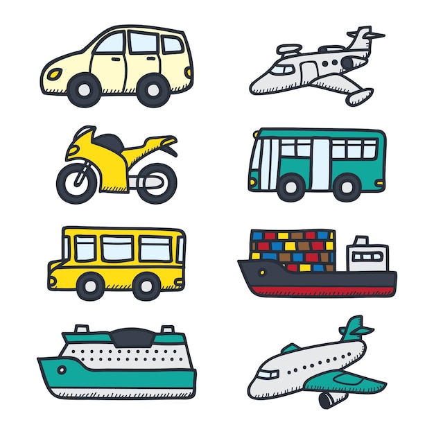 Diverse transportfahrzeuge im doodle-stil