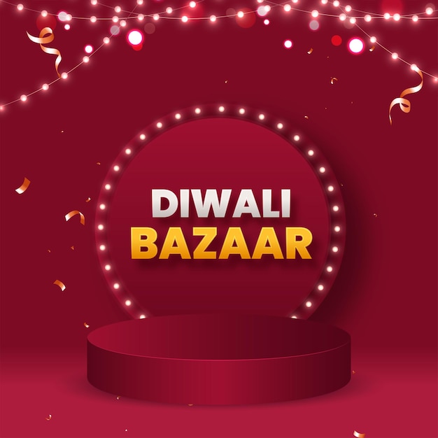 Diwali-Basar-Poster-Design mit Marquee-Rundrahmen, leerem Podium und Beleuchtungsgirlande auf rotem Bokeh-Hintergrund