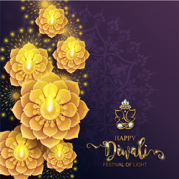 Diwali, deepavali oder dipavali, das festival der lichter indiens mit gemustertem golddiya und kristallen auf papier