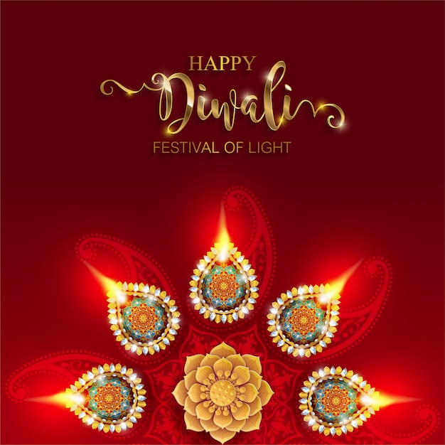 Diwali, Deepavali oder Dipavali, das Festival der Lichter Indiens mit gemustertem Golddiya und Kristallen auf Papier