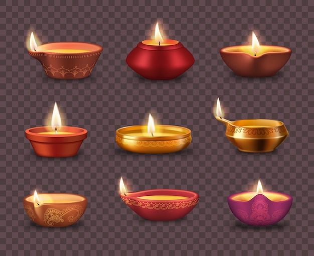 Diwali Diya Lampen auf transparentem Hintergrund realistischen Satz von Deepavali oder Divali Licht Festival. Indische hinduistische Religion Öllampen oder Laternen mit brennenden Dochten und Rangoli-Dekoration