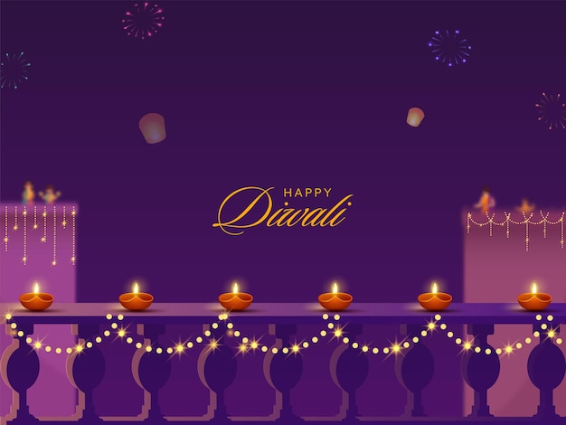 Diwali-Feier-Hintergrund dekoriert mit beleuchteten Öllampen Diya Beleuchtung Girlande Himmel Luftballons und Gebäude