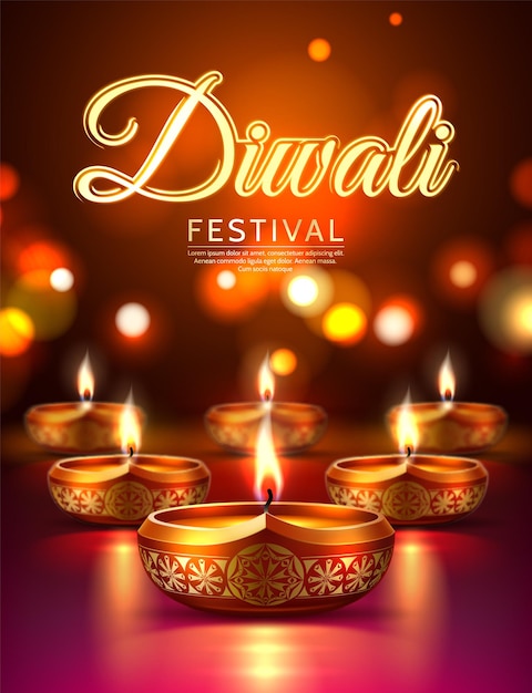 Vektor diwali-feiertagsplakat mit realistisch leuchtenden diya-kerzen traditionelles hinduistisches festival