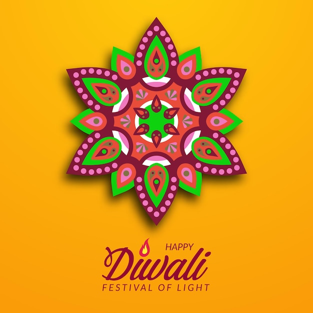 Diwali-festival-feiertagsdesign mit papierschnitt-stil der indischen rangoli-mandala-blumendekoration mit gelbem hintergrund