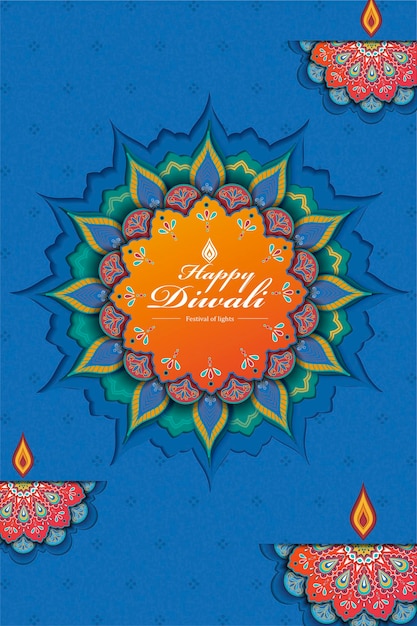 Diwali Festival Papierkunstdesign mit wunderschönem Rangoli und Öllampendesign in Blauton