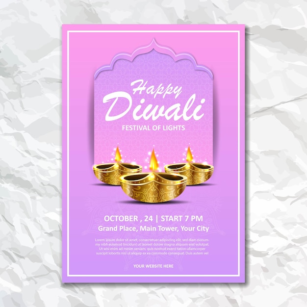 Diwali gold diya happy festival of lights papierbroschüre design deepavali flyer wand poster vorlage