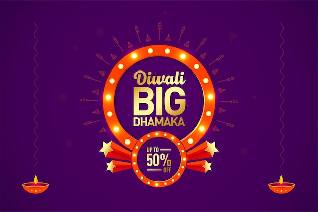 Diwali großes dhamaka-verkaufsangebot-logo-banner mit cracker und lichterfeier hintergrund