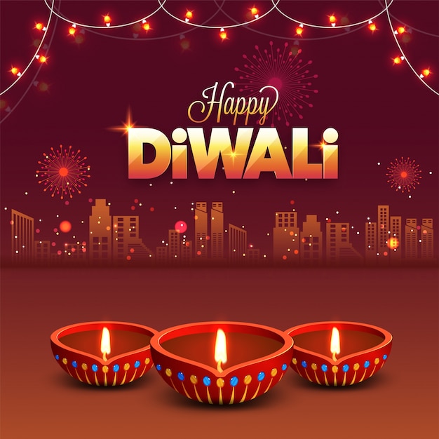 Vektor diwali (indisches festival der lichter) nacht hintergrund mit beleuchteten litlamps und dekoration lichter, urban stadt hintergrund.
