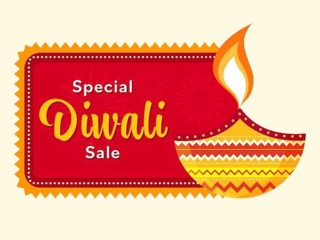 Vektor diwali sale banner oder poster design mit brennender öllampe diya auf weißem und rotem feuerwerk hintergrund