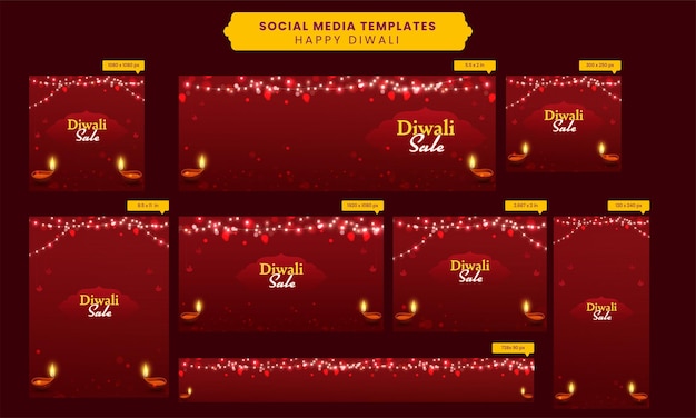 Diwali Sale Social Media Banner und Template-Set mit beleuchteten Öllampen Diya und Beleuchtungsgirlande auf rotem Bokeh-Hintergrund