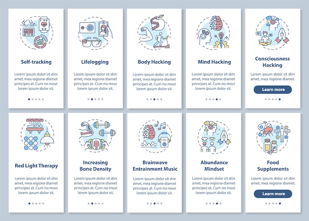 Diy biologie onboarding mobile app seite bildschirm mit konzepten festgelegt. biohacking-elemente und -techniken exemplarische vorgehensweise in fünf schritten. ui-vorlage mit rgb-farbabbildungen