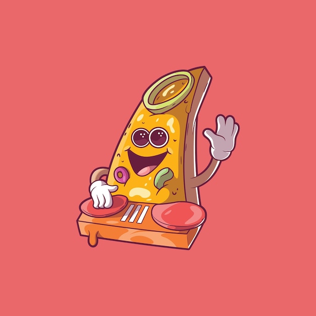 Dj pizza slice charakter mit food turntables vektorillustration food music design konzept