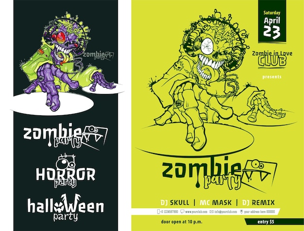 Dj-zombie-poster-vorlage und elemente für zombie-partys horror-partys halloween