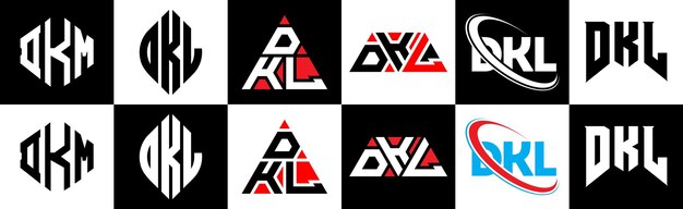 Vektor dkl-buchstaben-logo-design in sechs stilen. dkl-polygon-kreis-dreieck-sechseck-flacher und einfacher stil mit schwarz-weißer farbvariation. buchstaben-logo auf einer zeichenfläche. dkl-minimalistisches und klassisches logo