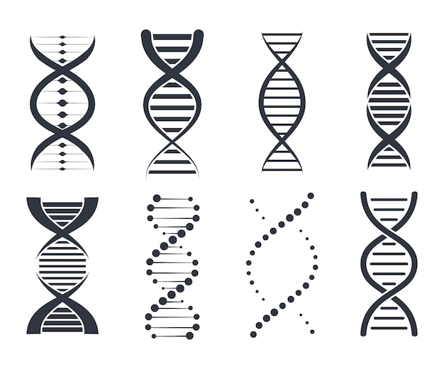 DNA-Icons gesetzt. Genetische Zeichen-, Elemente- und Symbolsammlung. Piktogramm des DNA-Symbols isoliert auf weißem Hintergrund