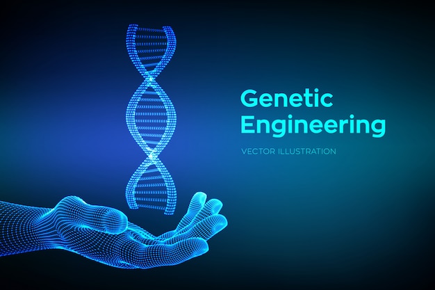 Dna-sequenz in der hand. drahtmodell-dna-molekülstrukturmasche.