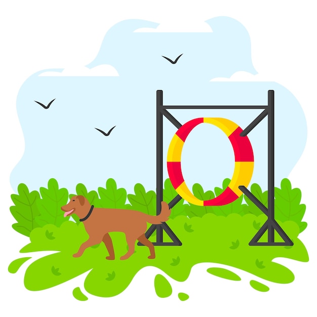 Dog Jump Hoop-Konzept Doggy während des Agilitätswettbewerbs Training Vektorfarbendesign Haustier Pflege