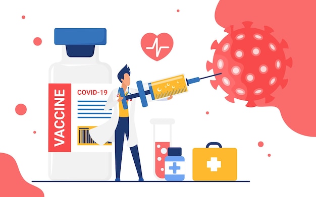 Doktor tötet Coronavirus mit antiviralem Impfstoff, der große Spritzeninjektion hält