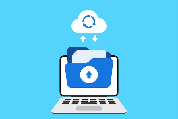 Dokument hochladen Dateiübertragungskonzept Sicherungsdatendokument Speichern auf Speichertechnologie Cloud-Upload und -Download Dateiübertragung Flache Vektorillustration