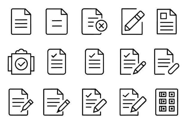 Dokument und ein mit einem Stift verbundener redigierbarer Umriss-Symbolsatz