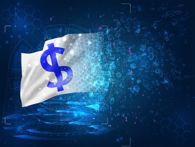 Dollar-währung auf vektor-3d-flagge auf blauem hintergrund mit hud-schnittstellen