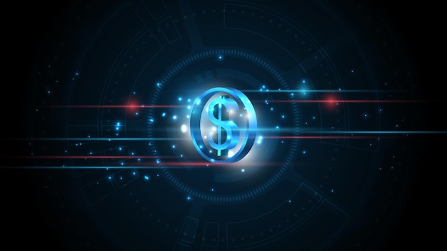 Dollarmünzengeld Währung auf abstraktem Technologiehintergrund. Geschäftsfinanzierung Geldwechselkonzept.