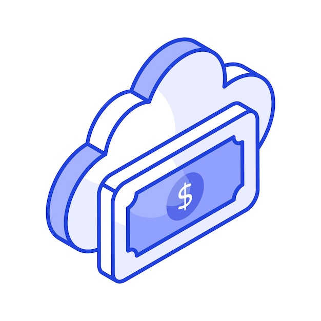 Dollarnote mit Wolken, die das isometrische Symbol des Wolkengelds und des Wolken-Einkommensvektors bezeichnen