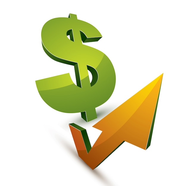 Dollarsymbol mit einem pfeil in form eines nach oben zeigenden häkchens. geschäftswachstumstrend vektor 3d-zeichen, finanzinvestitionen konzeptionelle ikone.